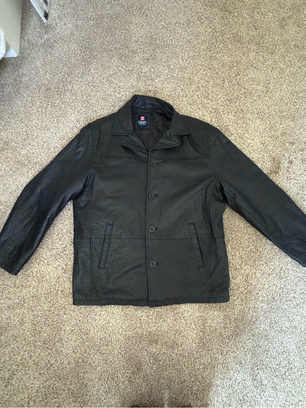 Chaps Black Leather Pea Coat with Button Front Closure